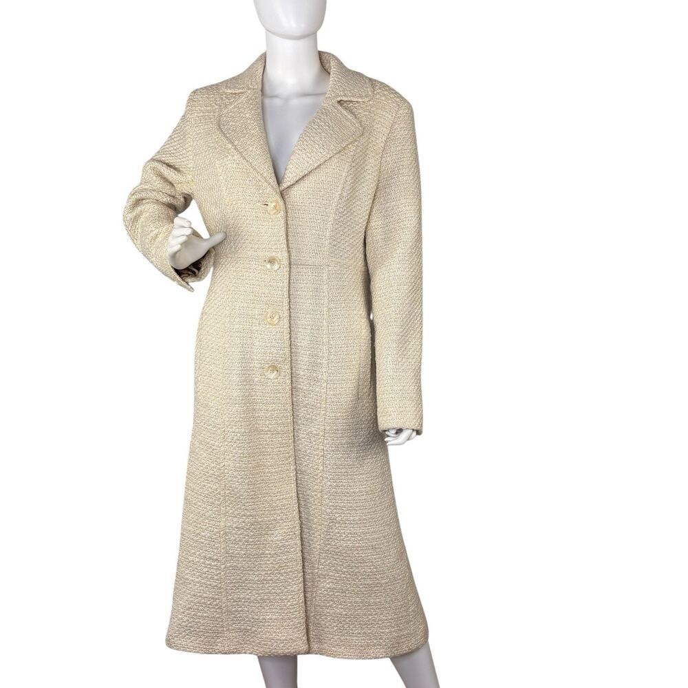 Vintage 80s Women’s Overcoat Boucle Tweed Long Midi Mod Ivory Gold Size 12